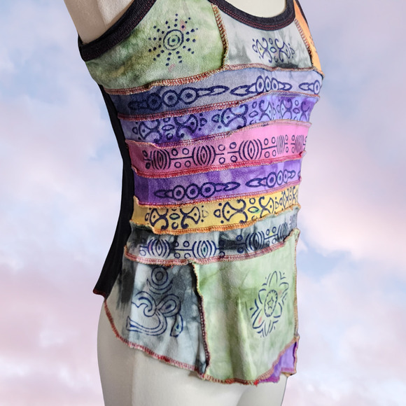Colorful Tye Dye Patchwork Boho Festival Hippie Cotton Asymmetrical Tank Top - Picture 3 of 7